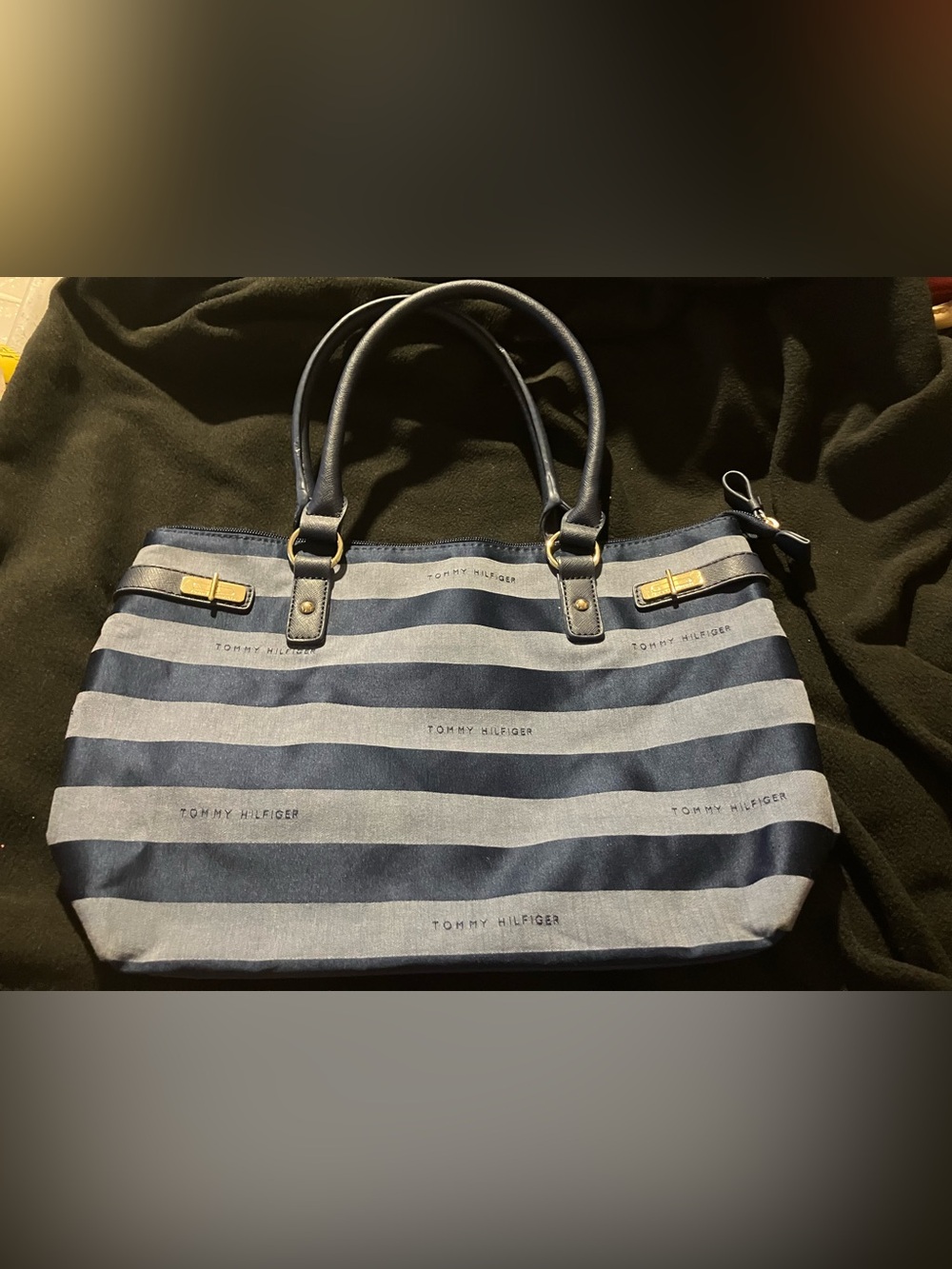 Tommy Hilfiger Blue Striped Canvas Tote Bag Helen Satchel Excellent Condition